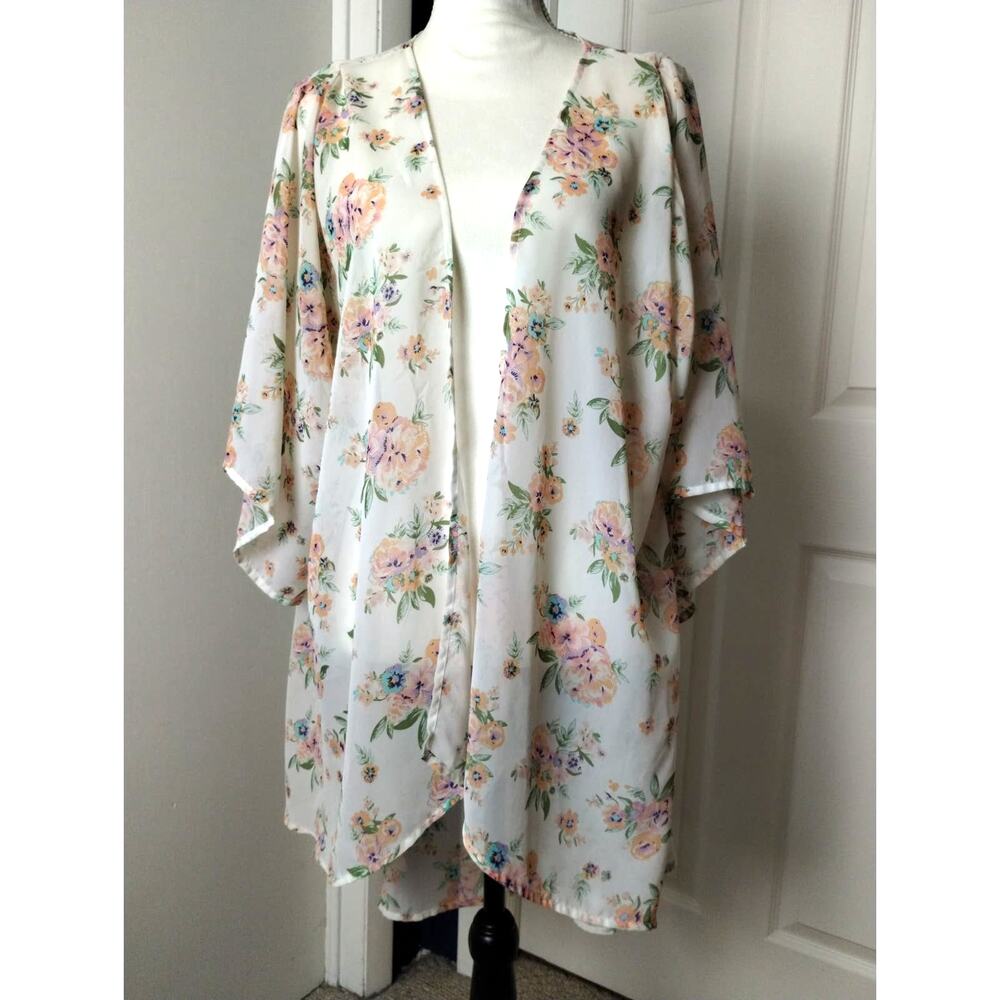 Floral Open Kaftan Wide Sleeves Womens Small Midi Length Layering‎ Coverup